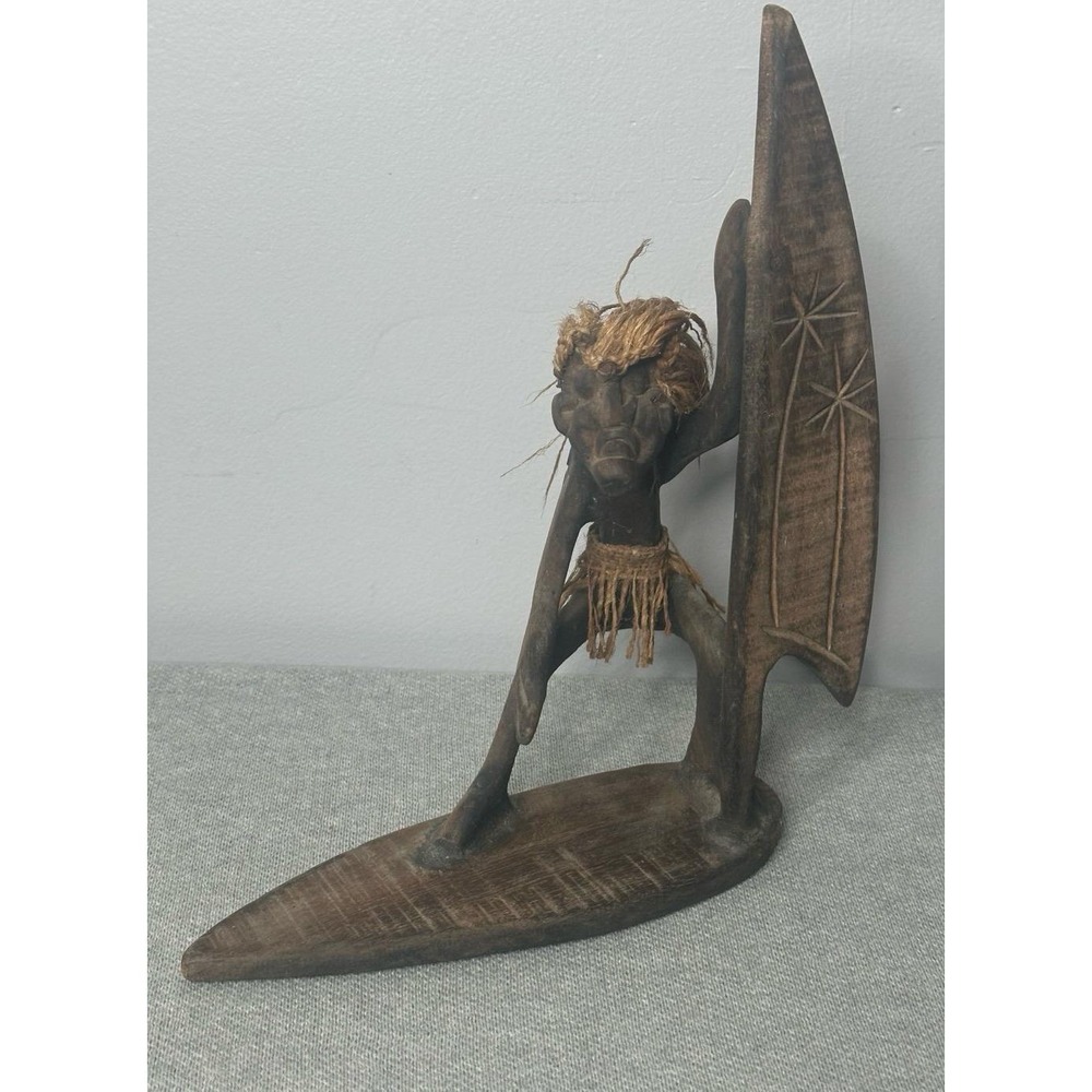 Primitive Tiki Wind Surfer Hand Carved Wood Hand made Indonesia Souvenir 1980s